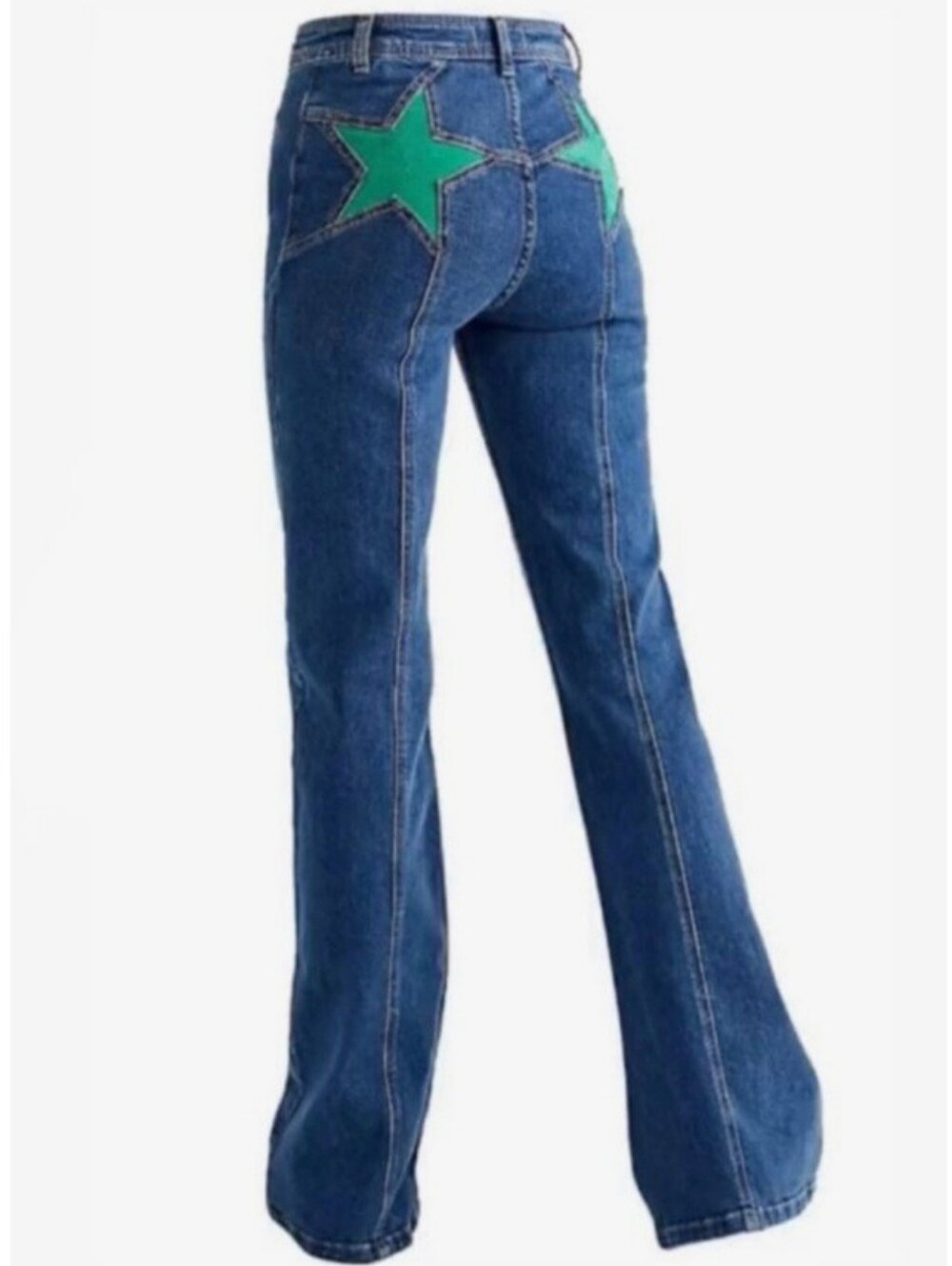 Blue High-Rise Flared Jeans w/Green Star Pockets Size L